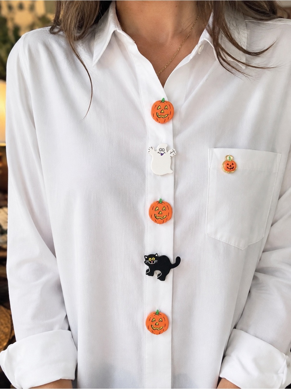 Vintage Halloween Button Covers Set Pumpkin Ghost Black Cat and Enamel Pin - Picture 9 of 12